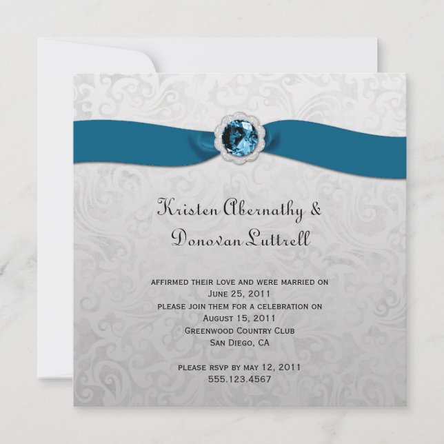 Teal Ribbon Gem Silver Post Wedding Invitation (Front)
