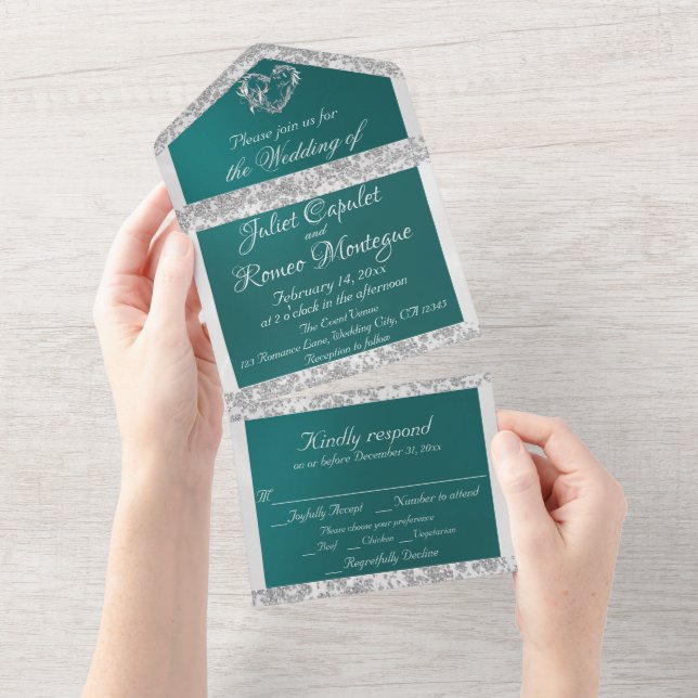 Teal, Ribbon & Glitter Border & Heart All In One Invitation (Tearaway)