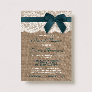 Teal Ribbon On Burlap & Lace Bridal Shower Invitation