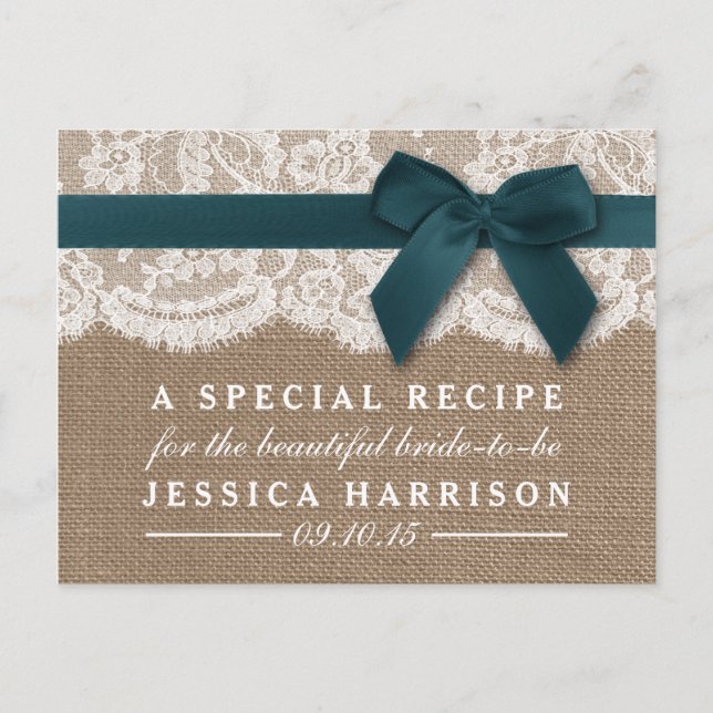 Teal Ribbon On Burlap & Lace Bridal Shower Recipe Invitation Postcard (Front)
