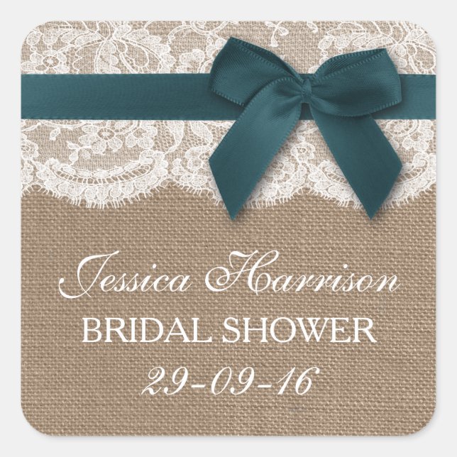 Teal Ribbon On Burlap & Lace Bridal Shower Square Sticker (Front)