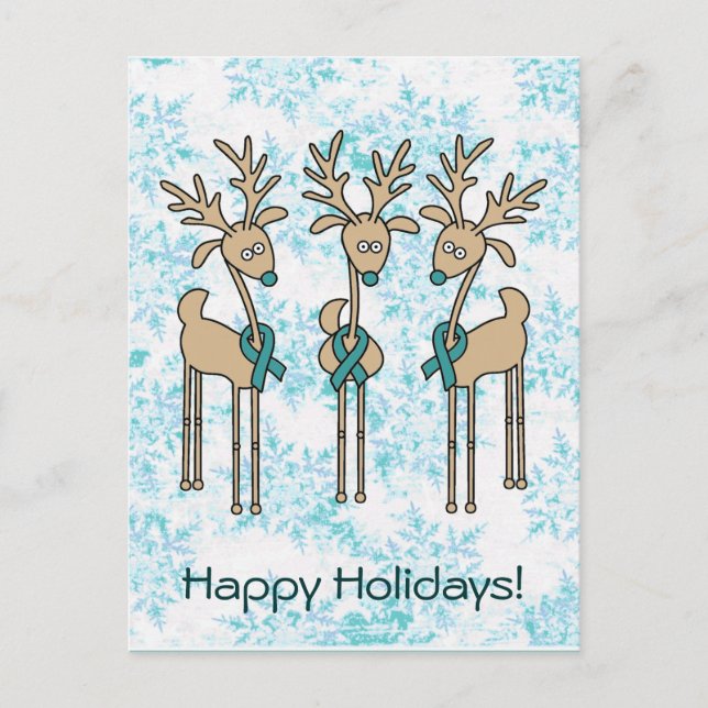 Teal Ribbon Reindeer - Cervical Cancer Holiday Postcard (Front)