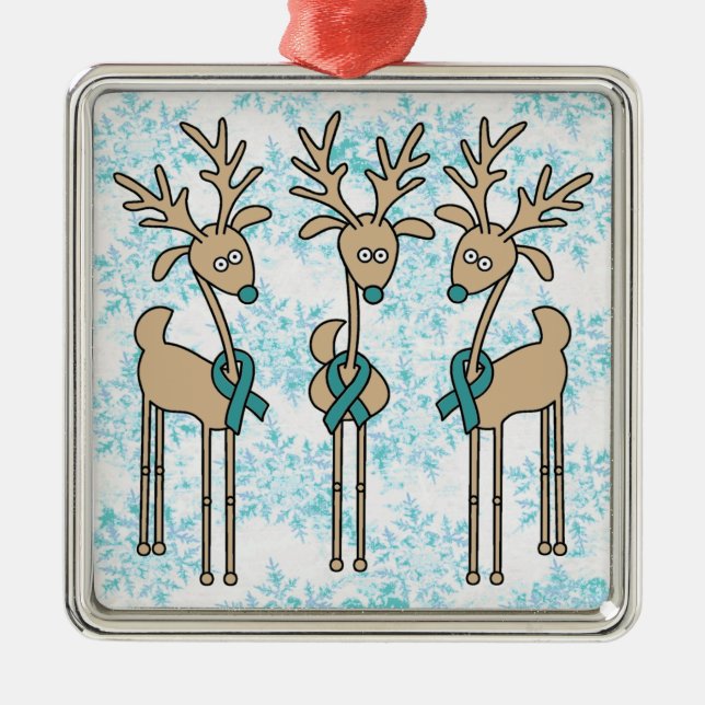 Teal Ribbon Reindeer (Ovarian Cancer) Metal Ornament (Front)