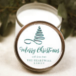 Teal Ribbon Tree Merry Christmas Script Classic Round Sticker<br><div class="desc">This modern holiday sticker features a teal ribbon Christmas tree above the words "Merry Christmas" in stylish teal calligraphy script. Personalise it with your family's name in serif font.</div>
