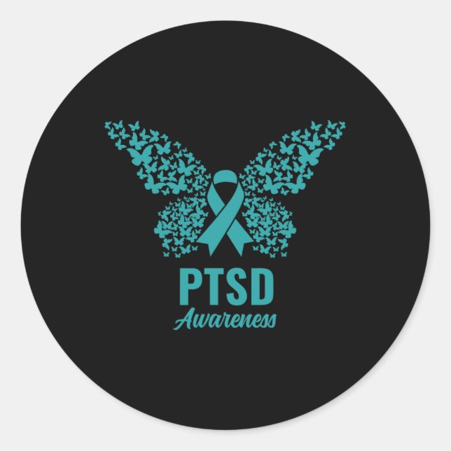 Teal Ribbon With Butterflies- Ptsd Awareness  Classic Round Sticker (Front)