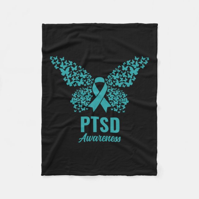 Teal Ribbon With Butterflies- Ptsd Awareness  Fleece Blanket (Front)