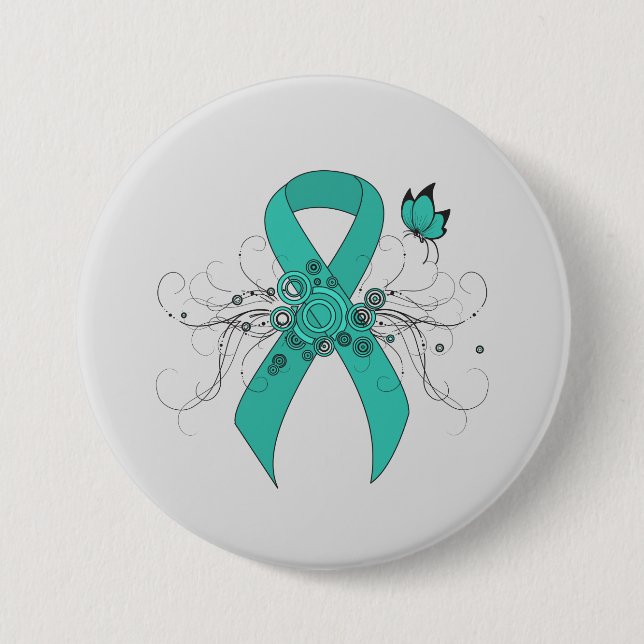 Teal Ribbon with Butterfly 7.5 Cm Round Badge (Front)