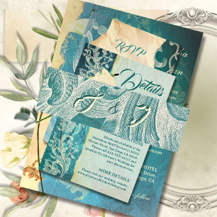 Teal Rococo Scroll with Elegant Monogram Invitation Belly Band