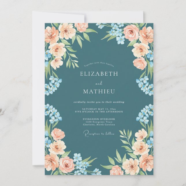 Teal Romantic Blossom Wedding Invitation (Front)
