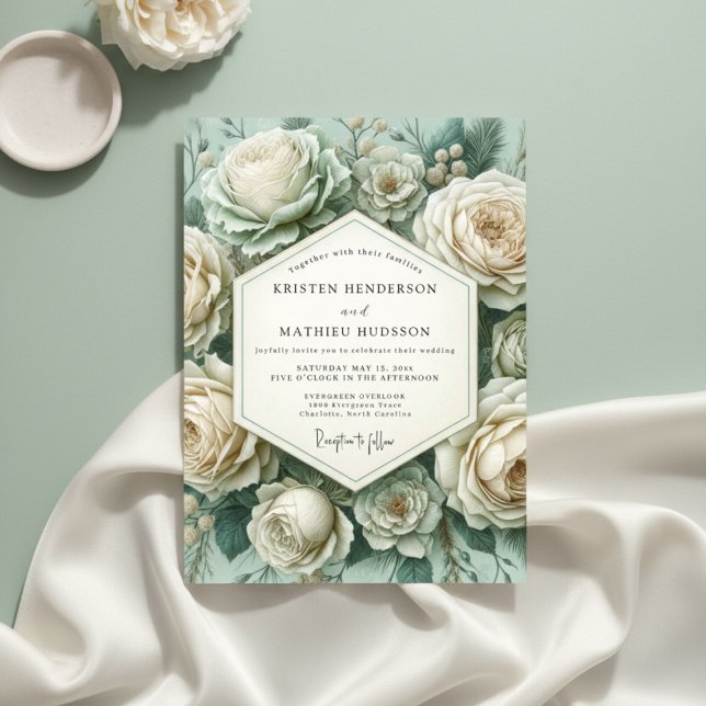 Teal Rose Botanical Romance Wedding Invitation (Creator Uploaded)