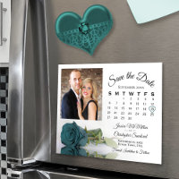 Teal Rose Calendar Photo Wedding Save Date Magnet