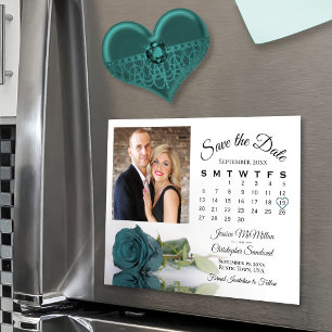 Teal Rose Calendar Photo Wedding Save Date Magnet