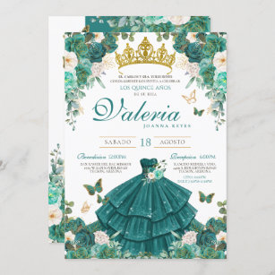 Teal Rose Elegant Princess Butterfly Quinceanera Invitation