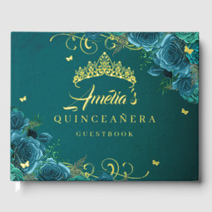 Teal Rose Floral Swirl Quinceanera Gold   Guest Book