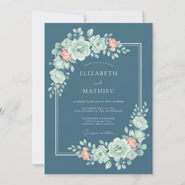 Teal Rose Flourish Whimsy Wedding Invitation (Front)