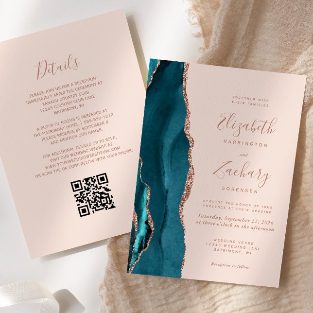 Teal Rose Gold Agate Blush Pink QR Code Wedding Invitation (Creator Uploaded)