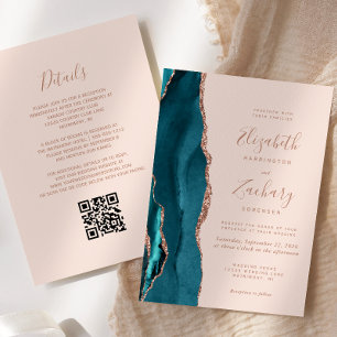 Teal Rose Gold Agate Blush Pink QR Code Wedding Invitation