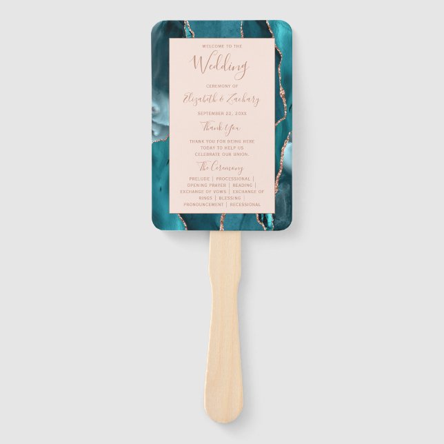 Teal Rose Gold Agate Blush Wedding Program Hand Fan (Front)