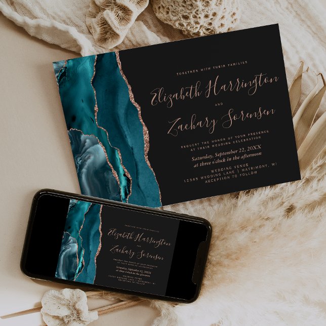Teal Rose Gold Agate Dark Horizontal Wedding Invitation (Creator Uploaded)