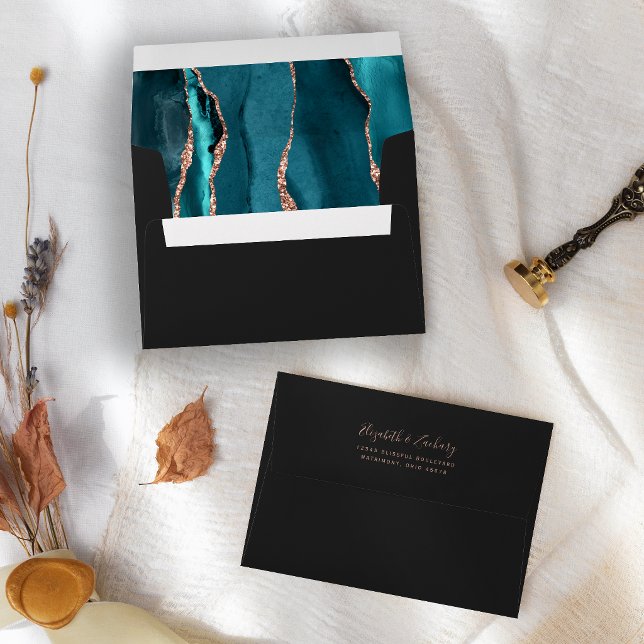 Teal Rose Gold Agate Dark Wedding Envelope (Creator Uploaded)