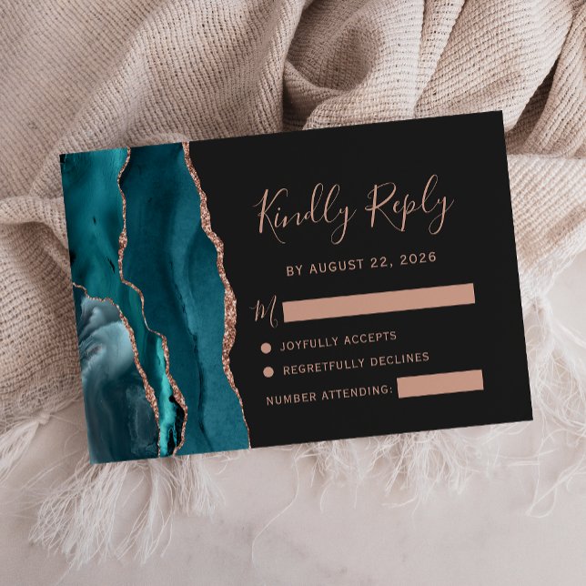 Teal Rose Gold Agate Dark Wedding RSVP (Creator Uploaded)