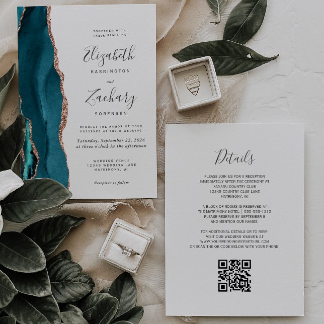 Teal Rose Gold Agate QR Code Wedding Invitation (Creator Uploaded)
