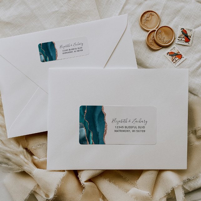 Teal Rose Gold Agate Wedding Return Address Label (Creator Uploaded)