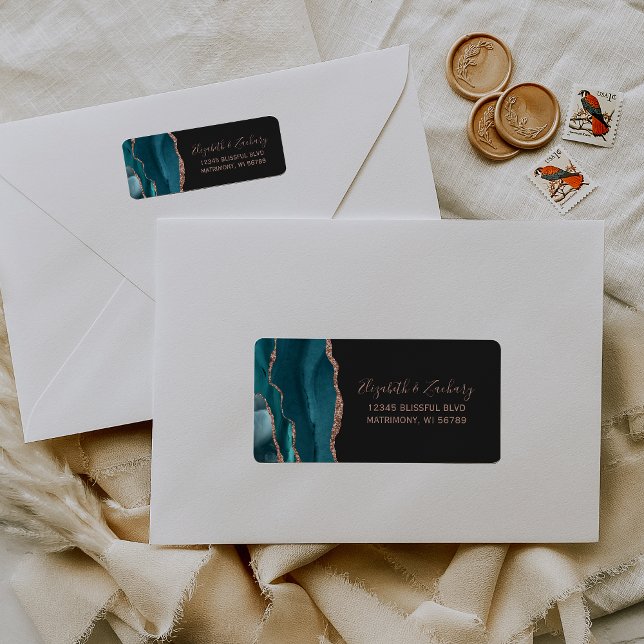 Teal Rose Gold Agate Wedding Return Address Label (Creator Uploaded)