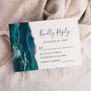 Teal Rose Gold Agate Wedding RSVP Card