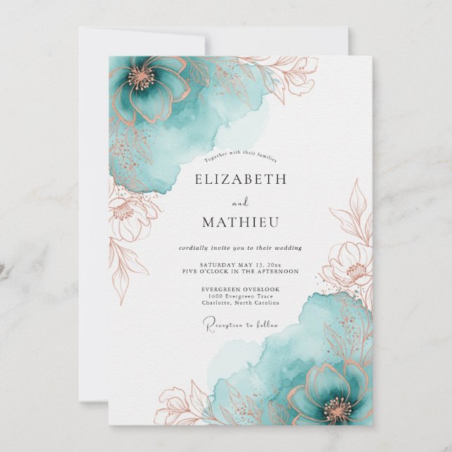Teal Rose Gold Artistic Spring Wedding Invitation (Front)
