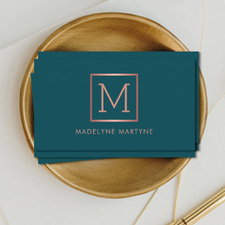 Teal Rose Gold Monogram Elegant Business Card
