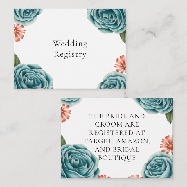 Teal Rose & Orange Daisy Wedding Registry Enclosure Card (Front/Back)