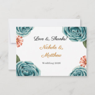 Teal Rose & Orange Daisy Wedding Thank You Card