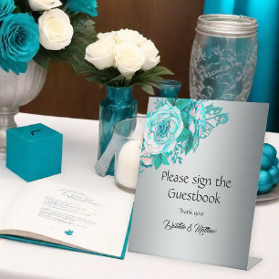 Teal Rose Silver Elegance Wedding Pedestal Sign