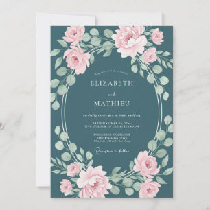 Teal Rose Watercolor Floral Wedding Invitation