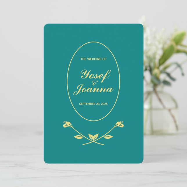 Teal Rose Wedding Invitation (Standing Front)