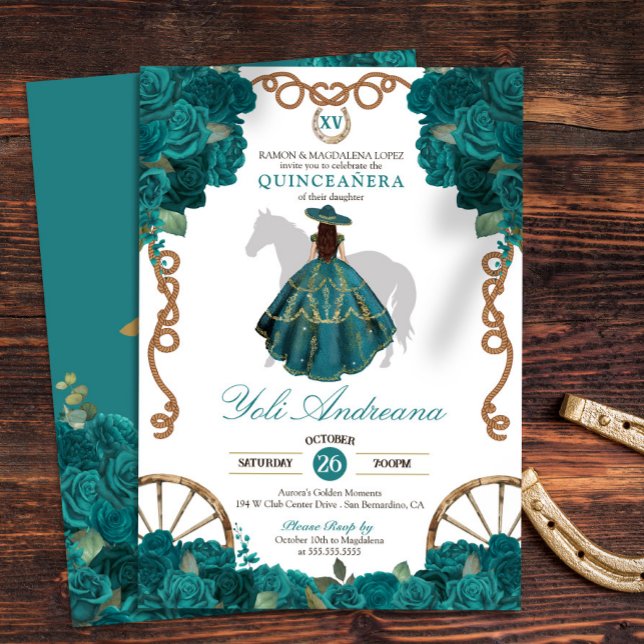 Teal Rose Western Charro Quinceanera Invitation (Creator Uploaded)