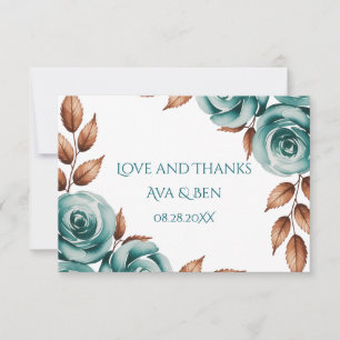 Teal Roses and Bronze Leaves Wedding Thank You Card