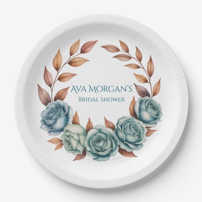 Teal Roses and Copper Leaves Bridal Shower Paper Plate (Front)