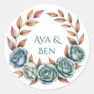 Teal Roses and Copper Leaves Wedding Classic Round Sticker