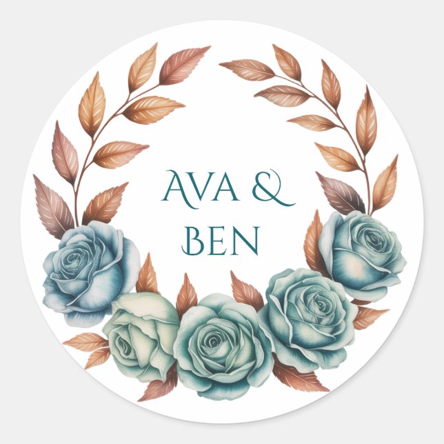Teal Roses and Copper Leaves Wedding Classic Round Sticker (Front)