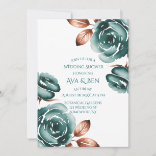 Teal Roses and Copper Leaves Wedding Shower Invitation