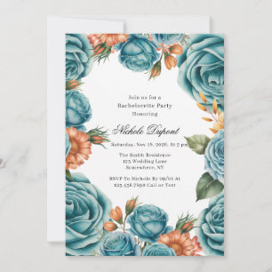 Teal Roses and Orange Floral Bachelorette Party Invitation