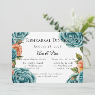 Teal Roses and Orange Floral Rehearsal Dinner Invitation