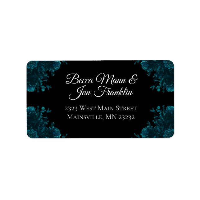 Teal Roses Black Gothic Wedding Address Labels (Front)
