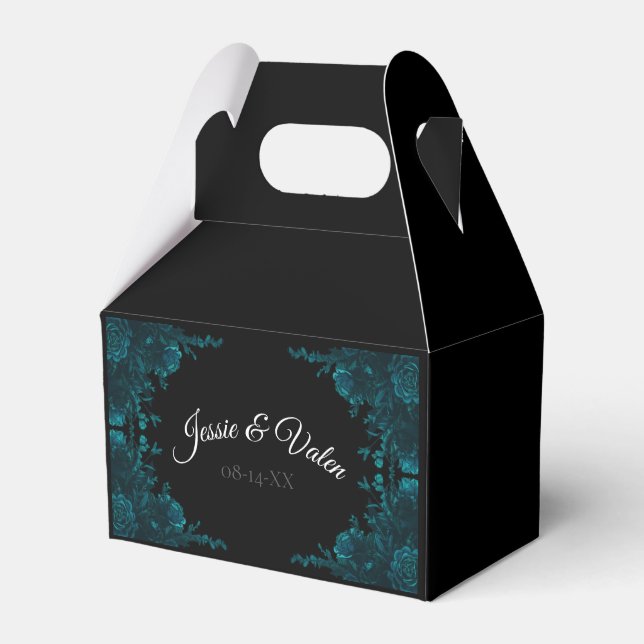 Teal Roses Black Gothic Wedding Gable Favour Box (Front Side)