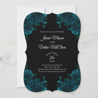 Teal Roses Black Gothic Wedding Invitation