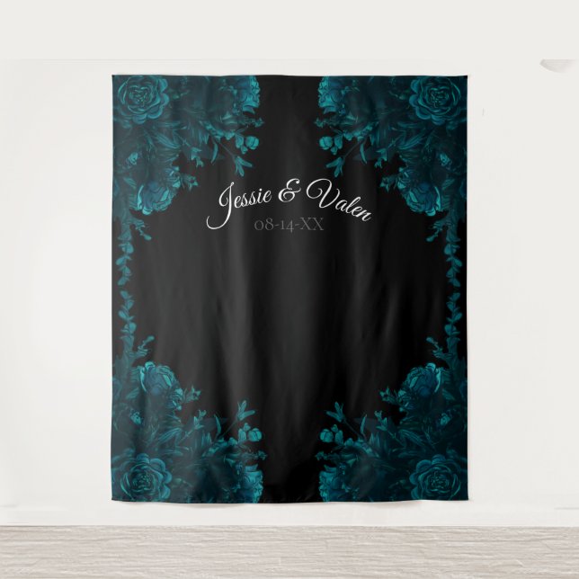 Teal Roses Black Gothic Wedding Photo Backdrop Tapestry (Front)
