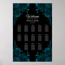 Teal Roses Black Gothic Wedding Seating Chart