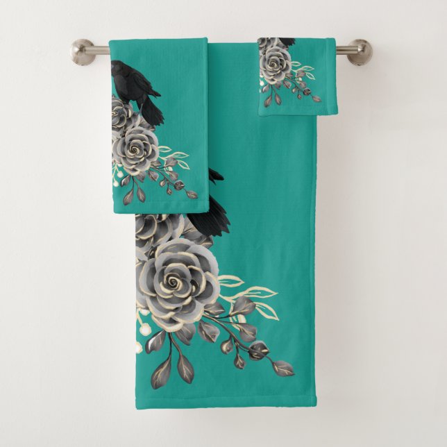 Teal Roses Crows Ravens Bath Towel Set (Insitu)